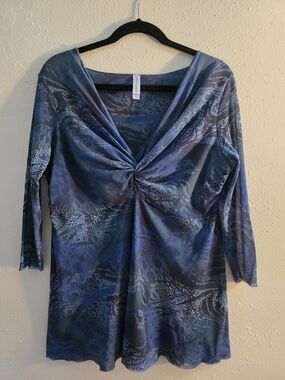 Y2K Vintage Whimsigoth Twist-Front Blue Patterned Women's Blouse